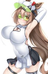 Rule 34 | 1girl, animal ears, arm behind head, arm up, armpits, azur lane, bache (azur lane), bache (azur lane) (cosplay), bache (showy sports star) (azur lane), black skirt, blush, breasts, bridal garter, brown eyes, cleavage cutout, closed mouth, clothing cutout, commentary request, commission, cosplay, hat, heart cutout, highres, horse ears, horse girl, horse tail, kibihimi, large breasts, looking at viewer, one eye closed, pixiv commission, satono diamond (umamusume), skirt, solo, sunglasses, sweat, tail, thigh strap, thighs, two-tone skirt, umamusume, visor cap, white hat, white skirt