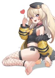Rule 34 | 1girl, :d, absurdres, aoaoaoao (baiyanheibing), azur lane, bache (azur lane), barefoot, black sailor collar, black shirt, black shorts, blonde hair, breasts, chinese commentary, collar, commentary request, crop top, fang, feet, fishnet thighhighs, fishnets, full body, heart, highres, jacket, long hair, long sleeves, looking at viewer, manjuu (azur lane), medium breasts, micro shorts, off shoulder, open clothes, open jacket, open mouth, pink collar, purple eyes, sailor collar, shirt, shorts, signature, simple background, sitting, smile, soles, solo, thighhighs, toes, two side up, wariza, white background, yellow jacket