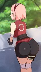 Rule 34 | 1girl, against wall, ass, backboob, bare shoulders, bike shorts, blush, breasts, diogio, from behind, gloves, green eyes, hairband, haruno sakura, highres, huge ass, large breasts, leaning, leaning forward, looking at viewer, looking back, miniskirt, naruto, naruto (series), pink hair, shiny clothes, shiny skin, short hair, sideboob, skirt, smile, solo, wide hips