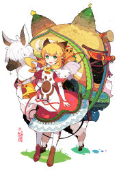 Rule 34 | 1girl, alpaca, animal ears, bell, blonde hair, blush, carrying, cat ears, christmas, dress, extra ears, green eyes, highres, ideolo, long hair, meowstress, monster hunter (series), monster hunter x, moofah, mouth hold, mufa, nekojo, open mouth, pointy ears, smile, solo, sweatdrop