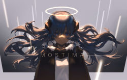 Rule 34 | 1girl, arknights, black jacket, blue eyes, blue hair, character name, demon horns, female focus, floating hair, fur-trimmed jacket, fur trim, grey background, halo, highres, horns, jacket, long hair, looking at viewer, mostima (arknights), open clothes, open jacket, red pupils, sansenokumo, shirt, simple background, smile, solo, split mouth, straight-on, white shirt