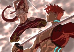 Rule 34 | 1boy, 1girl, abs, batm andrew, breasts, chest sarashi, cloud, crossover, emiya shirou, erza scarlet, fairy tail, fate/grand order, fate (series), hair over one eye, highres, holding, holding sword, holding weapon, large breasts, long hair, midriff, muscular, muscular male, navel, pectorals, red eyes, red hair, sarashi, senji muramasa (fate), sword, very long hair, weapon