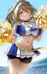 Rule 34 | 1girl, 8n0 g, ;), belt, belt buckle, bike shorts under skirt, black choker, blue bow, blue shirt, blue skirt, blue sky, blunt bangs, blurry, blurry background, blush, bow, breasts, brown eyes, brown hair, buckle, cheerleader, choker, cleavage, closed mouth, clothes lift, commentary request, cowboy shot, crop top, day, earrings, fringe trim, hair bow, hands up, high ponytail, highres, holding, holding pom poms, idolmaster, idolmaster shiny colors, jewelry, kuwayama chiyuki, large breasts, leg up, light particles, long hair, looking at viewer, midriff, miniskirt, o-ring, o-ring choker, one eye closed, outdoors, pleated skirt, pom pom (cheerleading), pom poms, ponytail, shirt, short sleeves, skirt, skirt lift, sky, smile, solo, sparkle, stadium, standing, standing on one leg, star (symbol), sweat, two-tone choker, two-tone shirt, two-tone skirt, w arms, white choker, white shirt, white skirt, yellow belt