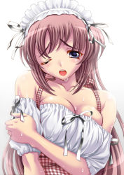 Rule 34 | 1girl, blush, breasts, breasts squeezed together, cleavage, gradient background, large breasts, maid, one eye closed, shiruko, solo, wink
