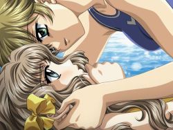 Rule 34 | 2girls, blush, bow, breasts, carnelian, close-up, grabbing another&#039;s ear, face-to-face, game cg, hair bow, hand on another&#039;s ear, hand to own mouth, ichijou sayoko, imminent kiss, multiple girls, ono ikumi, re leaf, swimsuit, water, yuri