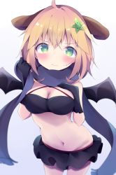 Rule 34 | 1girl, bad id, bad pixiv id, black gloves, blonde hair, blue scarf, blush, breast suppress, breasts, closed mouth, commentary request, cosplay, demon wings, furrowed brow, gabriel dropout, gloves, green eyes, groin, hair between eyes, horns, kyuukon (qkonsan), looking at viewer, medium breasts, microskirt, navel, scarf, skirt, solo, tapris chisaki sugarbell, tsukinose vignette april (cosplay), vignette tsukinose april, wavy mouth, white background, wings
