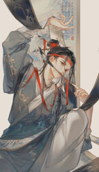 Rule 34 | 1boy, absurdres, arm up, artist name, bamboo print, black hair, chinese clothes, clothes writing, grey robe, hair pulled back, hand up, hanfu, hanging lantern, hanging scroll, headband, highres, jiujiangzi benren, knee up, leaning back, long sleeves, looking at viewer, looking away, male focus, mouth hold, jiangnan baijingtu, paintbrush, paintbrush hair ornament, painting (object), pants, poem, pointing, pointing at self, print robe, robe, scroll, shen zhou, simple background, sitting, solo, white background, white pants