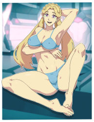 Rule 34 | arm behind head, arm under breasts, ass, blonde hair, blue eyes, bra, breasts, daga, earrings, feet, feet together, glasses, jewelry, large breasts, long hair, navel, nipples, panties, pointy ears, romelle, soles, spread legs, tagme, toes, underwear, voltron, voltron: legendary defender, voltron (series)