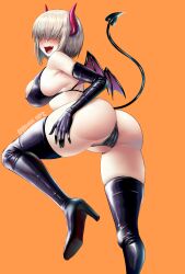 Rule 34 | 1girl, artist name, ass, bare shoulders, bikini, black bikini, black footwear, black gloves, boots, breasts, cameltoe, cleft of venus, demon girl, demon tail, demon wings, elbow gloves, evil-dei, fang, from behind, gloves, grey hair, hair over eyes, high heel boots, high heels, huge ass, large breasts, lips, open mouth, orange background, short hair, simple background, smile, solo, standing, standing on one leg, swimsuit, tail, thigh boots, uzaki-chan wa asobitai!, uzaki yanagi, wings