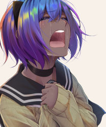 Rule 34 | choker, closed eyes, commentary request, crying, dark-skinned female, dark skin, fate/prototype, fate/prototype: fragments of blue and silver, fate (series), hairband, hassan of serenity (fate), highres, open mouth, purple hair, school uniform, serafuku, short hair, shunga (shun608), simple background, sleeves past wrists, solo, tears, teeth, white background