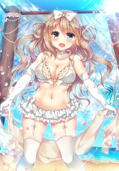 Rule 34 | 1girl, :d, bare shoulders, beach, bead necklace, beads, bikini, bikini skirt, blue eyes, blue sky, blush, bow, branch, breasts, bridal veil, brown hair, choker, cleavage, cloud, collarbone, commentary request, day, elbow gloves, fang, flower, frilled bikini, frills, garter straps, gloves, hair between eyes, hair bow, hair flower, hair ornament, hair rings, hairband, holding, horizon, jewelry, lace, lace-trimmed legwear, lace trim, legs apart, light rays, long hair, looking at viewer, medium breasts, navel, necklace, ocean, open mouth, original, outdoors, petals, pink flower, pink rose, rose, shiny skin, sky, smile, solo, standing, stomach, sunlight, suzunone rena, swimsuit, thighhighs, veil, wavy hair, white bikini, white bow, white choker, white flower, white gloves, white hairband, white rose, white thighhighs
