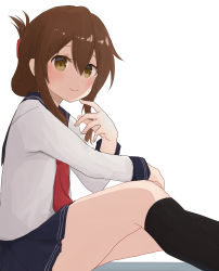 Rule 34 | 1girl, black socks, blue skirt, blush, brown eyes, brown hair, closed mouth, feet out of frame, folded ponytail, from side, hair ornament, hand up, highres, inazuma (kancolle), kantai collection, kneehighs, long hair, long sleeves, looking at viewer, neckerchief, necktie, pleated skirt, red neckwear, sailor collar, school uniform, serafuku, shirt, sidelocks, simple background, sitting, skirt, smile, socks, solo, spica1476, white background, white shirt