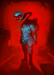 Rule 34 | 1other, absurdres, alien, among us, astronaut, facing viewer, full body, helmet, highres, horror (theme), impostor (among us), ladder, long neck, red theme, snake w, solo, space helmet, spacesuit, spine, standing
