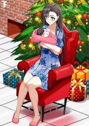 Rule 34 | 1boy, 1girl, arizona (azur lane), armchair, azur lane, baby, blue dress, blush, brown hair, chair, child, christmas ornaments, christmas tree, closed mouth, commander cool, commission, crossed arms, dress, fireplace, full body, gift, green eyes, highres, knees together feet apart, legs, mother and son, sitting, sleeping, slippers, smile, swaddled