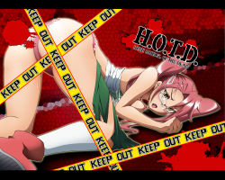 Rule 34 | 1girl, antenna hair, ass, breasts, brown eyes, caution tape, garuma, glasses, highschool of the dead, keep out, large breasts, long hair, open mouth, panties, pink hair, pink panties, socks, solo, takagi saya, teeth, tongue, top-down bottom-up, torn clothes, twintails, underwear