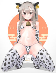 Rule 34 | 1girl, 2021, absurdres, animal collar, animal ears, animal print, bell, bikini, black ribbon, breasts, brown eyes, cameltoe, chinese zodiac, closed mouth, collar, cow ears, cow girl, cow horns, cow print, cowbell, elbow gloves, fake animal ears, fake horns, girls und panzer, gloves, hair ribbon, highres, horns, leaning back, light brown hair, long hair, looking at viewer, navel, neck bell, new year, petag2, print bikini, print gloves, print thighhighs, red collar, ribbon, shimada arisu, small breasts, smile, solo, spread legs, string bikini, swimsuit, thighhighs, tongue, tongue out, white bikini, white gloves, white thighhighs, year of the ox