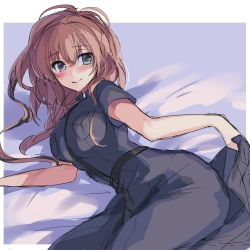 Rule 34 | 1girl, bed sheet, black dress, blush, breast pocket, breasts, brown hair, closed mouth, dress, grey eyes, highres, kantai collection, large breasts, long hair, lying, on side, one-hour drawing challenge, picoli1313, pocket, ponytail, saratoga (kancolle), short sleeves, sketch, skirt hold, solo, sweat