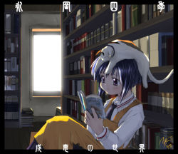 Rule 34 | 1girl, animal, animal on head, blue hair, book, bookshelf, cat, cat on head, dated, day, indoors, on head, open book, reading, room, short hair, sitting, solo