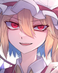 Rule 34 | 1girl, 33 gaff, blonde hair, eyes visible through hair, fang, flandre scarlet, hair between eyes, hat, mob cap, open mouth, portrait, red eyes, smile, solo, touhou, upper body, white hat