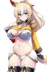 1girl aiguillette animal_ears armor bikini_armor blonde_hair blue_eyes blush boots breasts cleavage clenched_teeth cowboy_shot durandal_(umamusume) ear_covers epaulettes gloves grimace hand_on_own_chest highres horse_ears horse_girl horse_tail large_breasts long_hair looking_at_viewer multicolored_hair navel pataneet shrug_(clothing) sidelocks single_ear_cover solo streaked_hair tail teeth textless_version thigh_boots thighs umamusume white_background