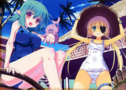 Rule 34 | 2girls, :d, aqua hair, bare legs, bare shoulders, blonde hair, blue sky, breasts, cloud, covered navel, day, eyepatch, fang, flat chest, green eyes, grin, hair ribbon, hands on headwear, hat, highres, large breasts, long hair, low twintails, multiple girls, nanao naru, octopus, one-piece swimsuit, open mouth, original, outdoors, palm tree, pointy ears, red eyes, ribbon, scan, school swimsuit, sitting, sky, smile, straw hat, swimsuit, taut clothes, taut swimsuit, thigh strap, tree, twintails, white one-piece swimsuit, white school swimsuit
