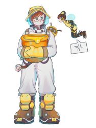 Rule 34 | 2girls, alternate costume, alternate hairstyle, anger vein, b.va (overwatch), beekeeper mei, black-framed eyewear, bodysuit, boots, breasts, brown eyes, brown footwear, brown hair, canister, coveralls, d.va (overwatch), drone, elbow gloves, full body, glasses, gloves, hair bun, hands on own hips, headgear, headphones, helmet, highres, honey, honeypot, insect wings, jumpsuit, knee boots, legs apart, looking at another, mei (overwatch), mini person, minigirl, multiple girls, official alternate costume, overwatch, overwatch 1, pilot suit, pout, ppiyong, robot, shoes, short hair, simple background, single hair bun, skin tight, small breasts, snowball (overwatch), spoken anger vein, standing, turtleneck, white background, wings, yellow bodysuit