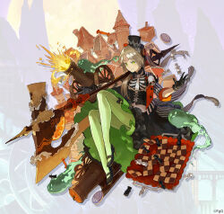 1girl axe black_footwear black_gloves black_skirt cannon chess_piece chessboard commentary_request cookie corset facial_mark food forehead_mark full_body ghost gloves green_eyes green_skirt high_heels holding holding_axe holding_polearm holding_weapon huge_weapon medium_skirt official_alternate_costume official_art open_mouth parashu phantom_of_the_kill polearm second-party_source skeleton skirt skull smile solo sweets_house two-sided_fabric two-sided_skirt watarubou weapon