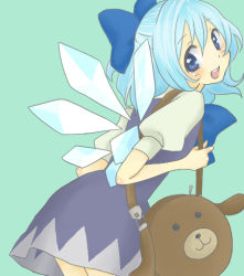 Rule 34 | 1girl, bad id, bad pixiv id, bag, blue eyes, blue hair, blush, bow, cirno, dress, fairy, female focus, leaning forward, looking back, matching hair/eyes, mitsuko, open mouth, ribbon, short hair, simple background, smile, solo, tareme, touhou, wings