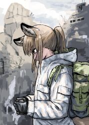 Rule 34 | 1girl, absurdres, animal ears, backpack, bag, brown eyes, brown hair, fox ears, fox girl, fox girl (yihan1949), fox tail, gloves, highres, holding, looking down, original, ponytail, solo, tail, winter clothes, yihan1949