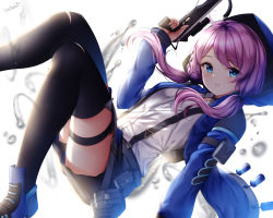 Rule 34 | 1girl, :d, arknights, arm strap, belt, blue eyes, blue jacket, blue poison (arknights), blue poison (elite ii) (arknights), blush, breasts, collared shirt, grey shorts, gun, handgun, highres, holding, holding gun, holding weapon, hood, hood up, hooded jacket, jacket, long hair, long sleeves, low twintails, open clothes, open jacket, open mouth, purple hair, shirt, shorts, sidelocks, signature, small breasts, smile, solo, thighhighs, thighs, trigger discipline, twintails, weapon, white shirt, wsman