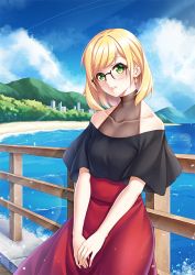 Rule 34 | 1girl, bad id, bad pixiv id, bare shoulders, black dress, blonde hair, blue sky, blush, bob cut, breasts, city, cloud, cloudy sky, collarbone, commentary, dress, earrings, forest, glasses, green eyes, jewelry, looking at viewer, medium breasts, myudon18, nature, ocean, original, outdoors, parted lips, red dress, short sleeves, sky, smile, solo, standing, two-tone dress