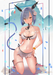 Rule 34 | 1girl, artist name, azur lane, bare arms, bare shoulders, bikini, blue hair, breasts, cleavage, collarbone, commentary request, crab, flower, gascogne (azur lane), gascogne (tropical environs acclimation service equipment) (azur lane), grey hair, highres, jewelry, kneeling, looking at viewer, medium breasts, multicolored hair, nail polish, navel, necklace, scrunchie, see-through, short hair, solo, swimsuit, tail, white bikini, wrist scrunchie, yellow eyes, zotari