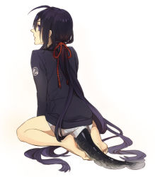 Rule 34 | 10s, 1boy, ahoge, bad id, bad pixiv id, black hair, fins, fish tail, from behind, full body, long hair, looking back, male focus, namazuo toushirou, name connection, object namesake, personification, ponytail, purple eyes, sitting, solo, tail, tobacco (tabakokobata), touken ranbu, very long hair