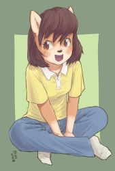 Rule 34 | 1girl, brown hair, dog, furry, furry female, highres, open mouth, red eyes, short hair, sitting, solo, yanamosuda