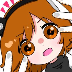 Rule 34 | 1girl, a.i. voice, adachi rei, against fourth wall, close-up, commentary request, gloves, hands up, haremaki (grgr mkmk1), headlamp, highres, looking at viewer, medium hair, open mouth, orange eyes, orange hair, portrait, solo, utau, white gloves
