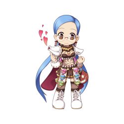 Rule 34 | 1girl, armor, bag, blue hair, boots, breasts, brown skirt, brown thighhighs, chibi, closed mouth, cross-laced footwear, flask, full body, genetic (ragnarok online), glasses, heart, holding, holding bag, living clothes, long hair, looking at viewer, midriff, miniskirt, official art, orange eyes, pauldrons, ragnarok online, rimless eyewear, round-bottom flask, shoulder armor, simple background, skirt, small breasts, smile, solo, standing, swept bangs, tachi-e, teeth, thighhighs, transparent background, twintails, vambraces, vial, white footwear, yuichirou