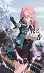 1girl absurdres armor black_gloves black_skirt blue_sky breasts building cityscape closed_mouth cloud dress_shirt gloves hair_between_eyes high-waist_skirt highres holding holding_polearm holding_weapon large_breasts lightning long_hair looking_ahead naginata outdoors pencil_skirt pink_eyes pink_hair polearm shirt shodai_shodai shoulder_armor sidelocks skirt sky solo standing tsukishiro_yanagi weapon white_shirt zenless_zone_zero