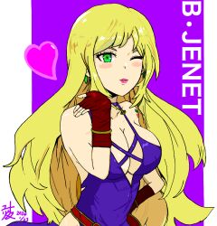 1girl artist_name blowing_kiss blush breasts cleavage dated dress fatal_fury fingerless_gloves garou:_mark_of_the_wolves gloves green_eyes hand_on_own_hip heart jenet_behrn large_breasts long_hair looking_at_viewer one_eye_closed pink_lips puckered_lips snk the_king_of_fighters the_king_of_fighters_xv very_long_hair wink