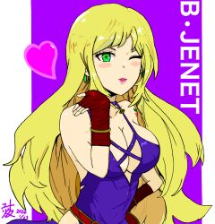 1girl artist_name blowing_kiss blush breasts cleavage dated dress fatal_fury fingerless_gloves garou:_mark_of_the_wolves gloves green_eyes hand_on_own_hip heart highres jenet_behrn large_breasts long_hair looking_at_viewer one_eye_closed pink_lips puckered_lips snk the_king_of_fighters the_king_of_fighters_xv very_long_hair wink