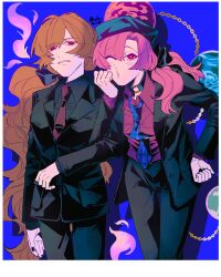 Rule 34 | 2girls, ahoge, alternate costume, alternate hair color, black bow, black choker, black headwear, black jacket, black nails, black pants, black shirt, blue background, blue necktie, border, bow, breasts, brown hair, buttons, chain, choker, closed mouth, collared jacket, collared shirt, commentary request, earrings, earth (ornament), energy, fingernails, formal, gold chain, hair between eyes, hair bow, hand on own face, hand on own hip, hand up, heart, heart pin, hecatia lapislazuli, highres, jacket, jewelry, junko (touhou), light brown hair, long fingernails, long hair, long sleeves, looking at viewer, medium breasts, medium hair, moon (ornament), multiple girls, nail polish, necktie, no headwear, one eye closed, open clothes, open jacket, pants, pink hair, ponytail, purple shirt, raya (uk 0128), red eyes, red necktie, shirt, short ponytail, simple background, standing, suit, suit jacket, teeth, tie clip, touhou, twitter username, underworld (ornament), wavy hair, white border