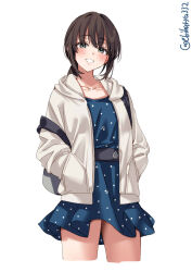 Rule 34 | 1girl, backpack, bag, belt, black belt, blue dress, brown hair, collarbone, commentary, cropped legs, dress, ebifurya, fubuki (kancolle), green eyes, hands in pockets, highres, jacket, kantai collection, looking at viewer, medium hair, official alternate costume, one-hour drawing challenge, open clothes, open jacket, parted lips, short dress, short ponytail, smile, solo, twitter username, white background, white jacket