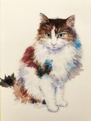 Rule 34 | animal, animal focus, cat, green eyes, highres, looking at viewer, mouen tw, no humans, original, painting (medium), plant, realistic, sitting, tail, traditional media, watercolor (medium), white background