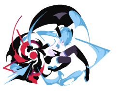 Rule 34 | 1girl, abstract, aqua hair, arm up, black footwear, black skirt, black sleeves, blending, boots, closed eyes, colored skin, commentary, detached hair, detached sleeves, facing down, hair ornament, hair over one eye, hatsune miku, highres, jaggy lines, red circle, sentakki, shirt, simple background, skirt, sleeveless, sleeveless shirt, solo, thigh boots, twintails, vocaloid, vortex, white background, white shirt, white skin
