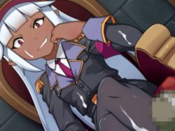 Rule 34 | animated, animated gif, breasts, caryo, censored, cum, dark skin, ejaculation, facial, feet, footjob, hime cut, lowres, pantyhose, penis, red eyes, small breasts, smirk, thighhighs, throne, uniform, white hair