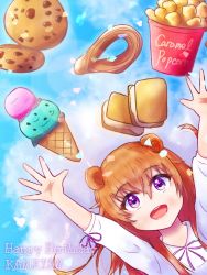 Rule 34 | 1girl, artist name, artist request, blue ribbon, blue sky, blush, bow, breasts, brown hair, butterfly (love live!), cloud, collared dress, cookie, day, double bun, dress, dress bow, female focus, floating, floating hair, floating object, food, hair between eyes, hair bun, hair over shoulder, hair rings, highres, ice cream, ice cream sandwich, konoe kanata, long hair, long sleeves, looking at viewer, looking up, love live!, love live! nijigasaki high school idol club, love live! school idol festival, neck ribbon, outdoors, parted lips, plaid, plaid dress, pleated, pleated dress, popcorn, puffy long sleeves, puffy sleeves, purple eyes, ribbon, sky, small breasts, smile, solo, two side up, upper body, wavy hair, white dress
