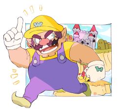 Rule 34 | 1boy, big nose, brown hair, castle, cleft chin, clenched hand, cutie-png, facial hair, gloves, green footwear, hat, highres, mario (series), mustache, nintendo, overalls, pointy ears, purple overalls, shirt, super mario land 2, thick eyebrows, wario, wario land, white gloves, yellow hat, yellow shirt