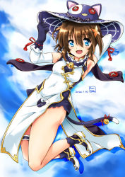 Rule 34 | 1girl, alternate costume, animal hat, arm behind head, arm up, armpits, artist name, bell, black gloves, black hat, black socks, blue eyes, blue sky, brown hair, cat hat, cat tail, china dress, chinese clothes, cloud, cloudy sky, commentary request, covered navel, dated, dress, elbow gloves, fake tail, floating, full body, gloves, hair ornament, hat, highres, index finger raised, looking at viewer, lyrical nanoha, mahou shoujo lyrical nanoha strikers, medium dress, medium hair, open mouth, pelvic curtain, san-pon, shoes, signature, sky, sleeveless, sleeveless dress, smile, socks, solo, tail, tail bell, tail ornament, white dress, white footwear, white gloves, x hair ornament, yagami hayate, yin yang