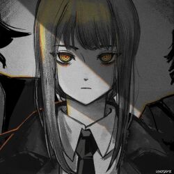 Rule 34 | 1girl, black necktie, braid, braided ponytail, chainsaw man, closed mouth, collared shirt, formal, long coat, long hair, looking at viewer, makima (chainsaw man), necktie, office lady, ringed eyes, shirt, usergore, yellow eyes