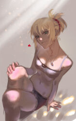 Rule 34 | 1girl, absurdres, arm support, bare shoulders, blonde hair, breasts, cleavage, closed mouth, denim, denim shorts, fate/apocrypha, fate (series), green eyes, hair ornament, hair scrunchie, hand on own knee, heart, highres, jewelry, looking at viewer, mordred (fate), mordred (fate/apocrypha), navel, necklace, ponytail, red scrunchie, scrunchie, shorts, sitting, small breasts, solo, sports bra, vfilve man, white sports bra