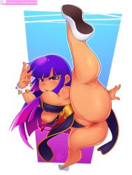 Rule 34 | 1girl, alternate costume, anus, anus peek, ass, bare hips, black dress, black eyes, bracelet, breasts, capcom, captainjerkpants, china dress, chinese clothes, chun-li, chun-li (cosplay), cleft of venus, cosplay, dress, fighting stance, flexible, glitch techs, highres, huge ass, jewelry, kicking, leg lift, leotard, leotard under clothes, long hair, looking at viewer, medium breasts, miko kubota, nipples, no bra, pelvic curtain, purple hair, revealing clothes, shiny skin, sideless outfit, simple background, skindentation, solo, spiked bracelet, spikes, standing, standing on one leg, street fighter, street fighter v, thick thighs, thighs, thong leotard, white background, wide hips
